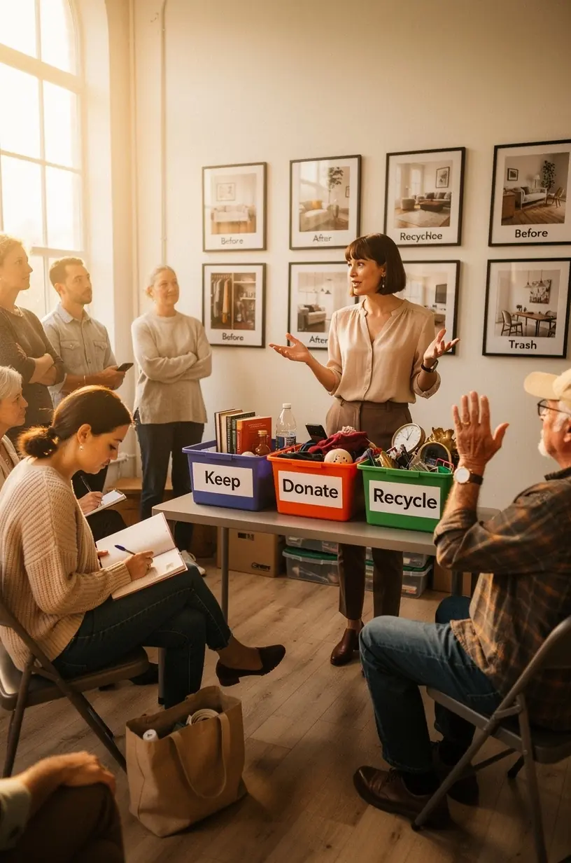Group of participants engaged in a decluttering workshop